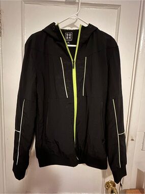 Men's Black Hooded Performance Jacket with Neon Yellow Trim SOBK Medium
